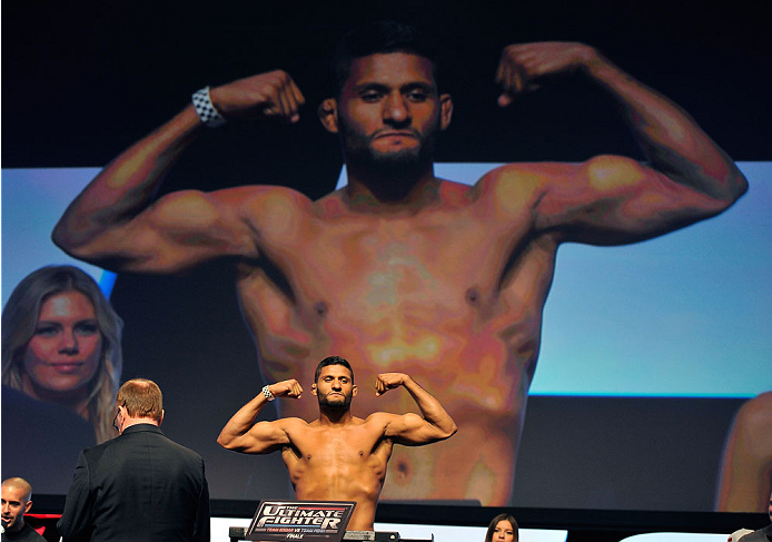 LAS VEGAS, NV - JULY 05: Mixed martial artist Dhiego Lima poses on the scale during the TUF 19 Finale weigh-in at the Mandalay Bay Convention Center on July 5, 2014 in Las Vegas, Nevada. (Photo by David Becker/Zuffa LLC/Zuffa LLC via Getty Images)