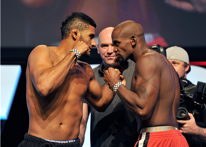 LAS VEGAS, NV - JULY 05: Mixed martial artists Dhiego Lima (L) and Eddie Gordon face off during the TUF 19 Finale weigh-in at the Mandalay Bay Convention Center on July 5, 2014 in Las Vegas, Nevada. (Photo by David Becker/Zuffa LLC/Zuffa LLC via Getty I