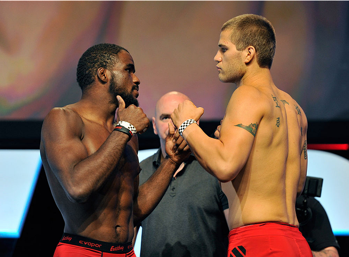 LAS VEGAS, NV - JULY 05: Mixed martial artists Corey Anderson (L) and Matt Van Buren face off during the TUF 19 Finale weigh-in at the Mandalay Bay Convention Center on July 5, 2014 in Las Vegas, Nevada. (Photo by David Becker/Zuffa LLC/Zuffa LLC via Ge
