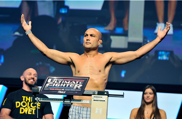 LAS VEGAS, NV - JULY 05: Mixed martial artist BJ Penn poses on the scale during the TUF 19 Finale weigh-in at the Mandalay Bay Convention Center on July 5, 2014 in Las Vegas, Nevada. (Photo by David Becker/Zuffa LLC/Zuffa LLC via Getty Images)