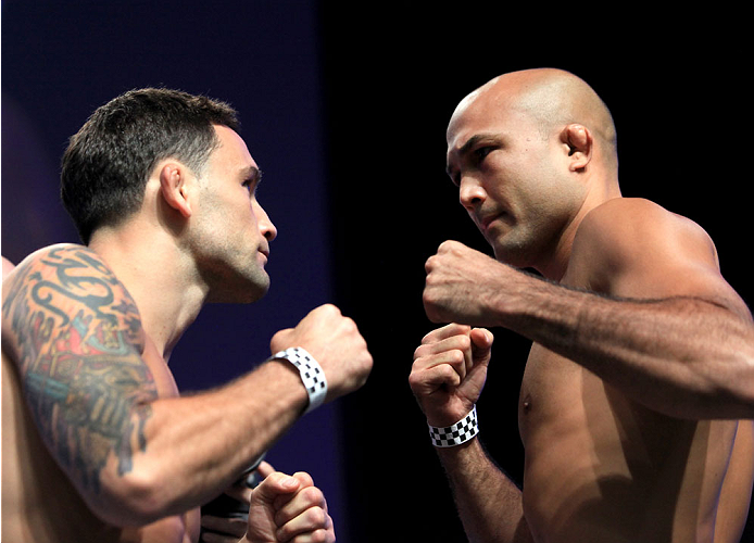 LAS VEGAS, NV - JULY 5: (L-R) Frankie Edgar faces off against BJ Penn during the TUF 19 Finale weigh-in inside the Mandalay Bay Convention Center on July 5, 2014 in Las Vegas, Nevada.(Photo by Brandon Magnus/Zuffa LLC/Zuffa LLC via Getty Images)