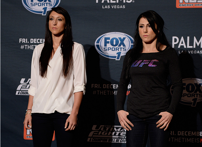 LAS VEGAS, NEVADA - DECEMBER 10: (L-R) Jessica Penne and Randa Markos face-off during The Ultimate Fighter Finale Ultimate Media Day at the Palms Casino Resort on December 10, 2014 in Las Vegas, Nevada. (Photo by Brandon Magnus/Zuffa LLC/Zuffa LLC via Ge