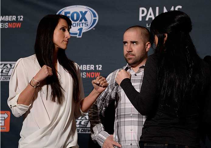 LAS VEGAS, NEVADA - DECEMBER 10: (L-R) Jessica Penne and Randa Markos face-off during The Ultimate Fighter Finale Ultimate Media Day at the Palms Casino Resort on December 10, 2014 in Las Vegas, Nevada. (Photo by Brandon Magnus/Zuffa LLC/Zuffa LLC via Ge