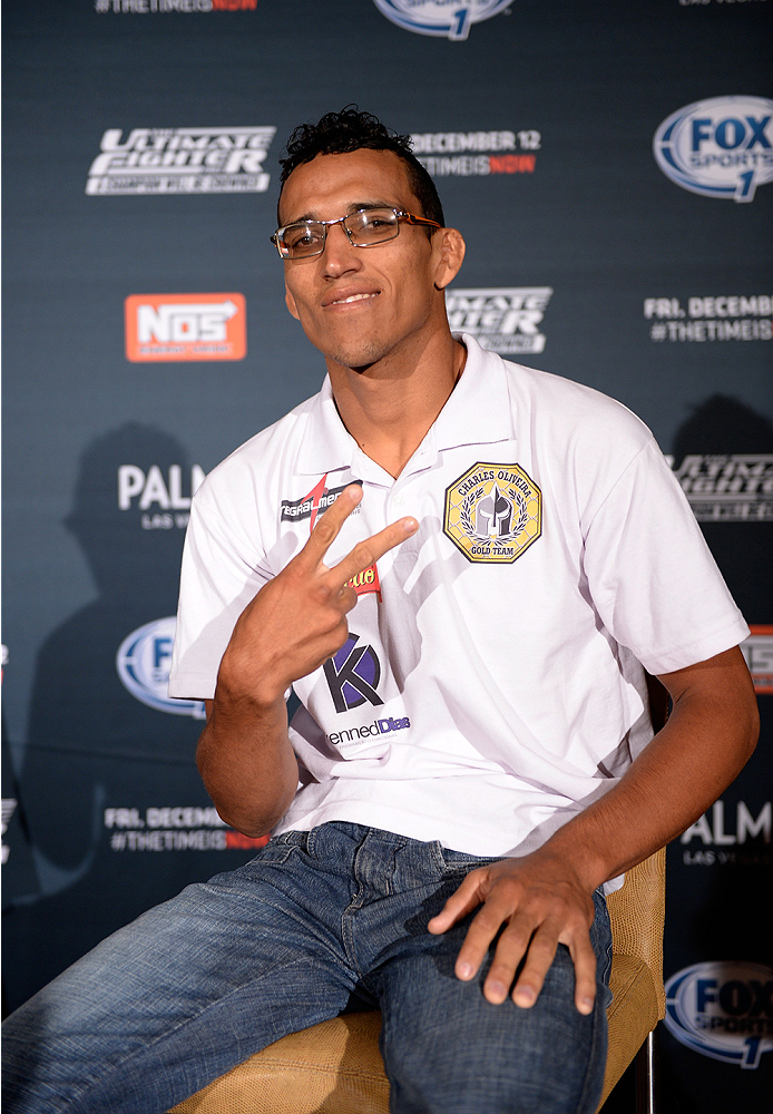 LAS VEGAS, NEVADA - DECEMBER 10: Charles Oliveira speaks with the media during The Ultimate Fighter Finale Ultimate Media Day at the Palms Casino Resort on December 10, 2014 in Las Vegas, Nevada. (Photo by Brandon Magnus/Zuffa LLC/Zuffa LLC via Getty Ima