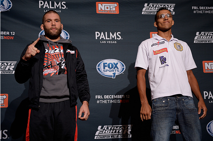 LAS VEGAS, NEVADA - DECEMBER 10: (L-R) Jeremy Stephens and Charles Oliveira face-off during The Ultimate Fighter Finale Ultimate Media Day at the Palms Casino Resort on December 10, 2014 in Las Vegas, Nevada. (Photo by Brandon Magnus/Zuffa LLC/Zuffa LLC