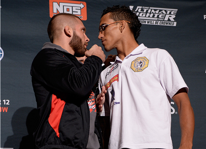 LAS VEGAS, NEVADA - DECEMBER 10: (L-R) Jeremy Stephens and Charles Oliveira face-off during The Ultimate Fighter Finale Ultimate Media Day at the Palms Casino Resort on December 10, 2014 in Las Vegas, Nevada. (Photo by Brandon Magnus/Zuffa LLC/Zuffa LLC