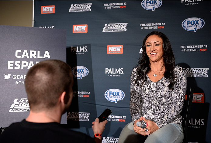 LAS VEGAS, NEVADA - DECEMBER 10: Carla Esparza speaks with the media during The Ultimate Fighter Finale Ultimate Media Day at the Palms Casino Resort on December 10, 2014 in Las Vegas, Nevada. (Photo by Brandon Magnus/Zuffa LLC/Zuffa LLC via Getty Images