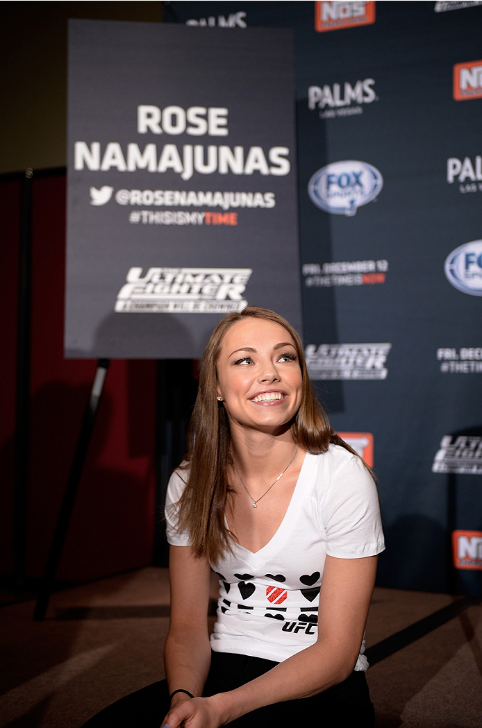 LAS VEGAS, NEVADA - DECEMBER 10: Rose Namajunas speaks with the media during The Ultimate Fighter Finale Ultimate Media Day at the Palms Casino Resort on December 10, 2014 in Las Vegas, Nevada. (Photo by Brandon Magnus/Zuffa LLC/Zuffa LLC via Getty Image