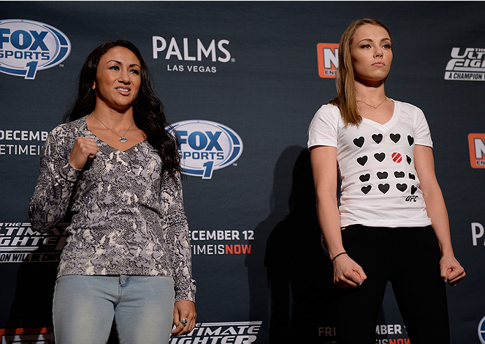 LAS VEGAS, NEVADA - DECEMBER 10: (L-R) Carla Esparza and Rose Namajunas face-off during The Ultimate Fighter Finale Ultimate Media Day at the Palms Casino Resort on December 10, 2014 in Las Vegas, Nevada. (Photo by Brandon Magnus/Zuffa LLC/Zuffa LLC via