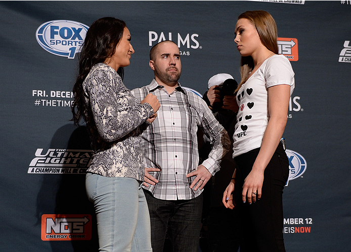 LAS VEGAS, NEVADA - DECEMBER 10: (L-R) Carla Esparza and Rose Namajunas face-off during The Ultimate Fighter Finale Ultimate Media Day at the Palms Casino Resort on December 10, 2014 in Las Vegas, Nevada. (Photo by Brandon Magnus/Zuffa LLC/Zuffa LLC via