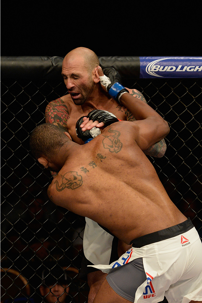 LAS VEGAS, NV - JULY 12: Dominic Waters (front) punches George Sullivan in their welterweight bout during the Ultimate Fighter Finale inside MGM Grand Garden Arena on July 12, 2015 in Las Vegas, Nevada. (Photo by Brandon Magnus/Zuffa LLC/Zuffa LLC via G