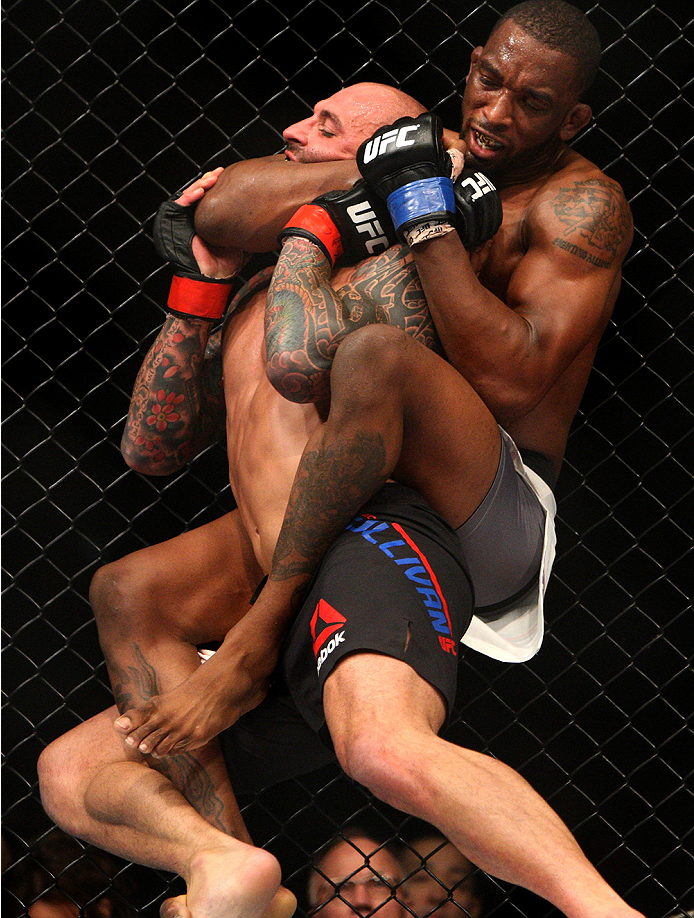 LAS VEGAS, NV - JULY 12: (Bottom) Dominic Waters attempts to submit George Sullivan in their welterweight bout during the Ultimate Fighter Finale inside MGM Grand Garden Arena on July 12, 2015 in Las Vegas, Nevada. (Photo by Mitch Viquez/Zuffa LLC/Zuffa