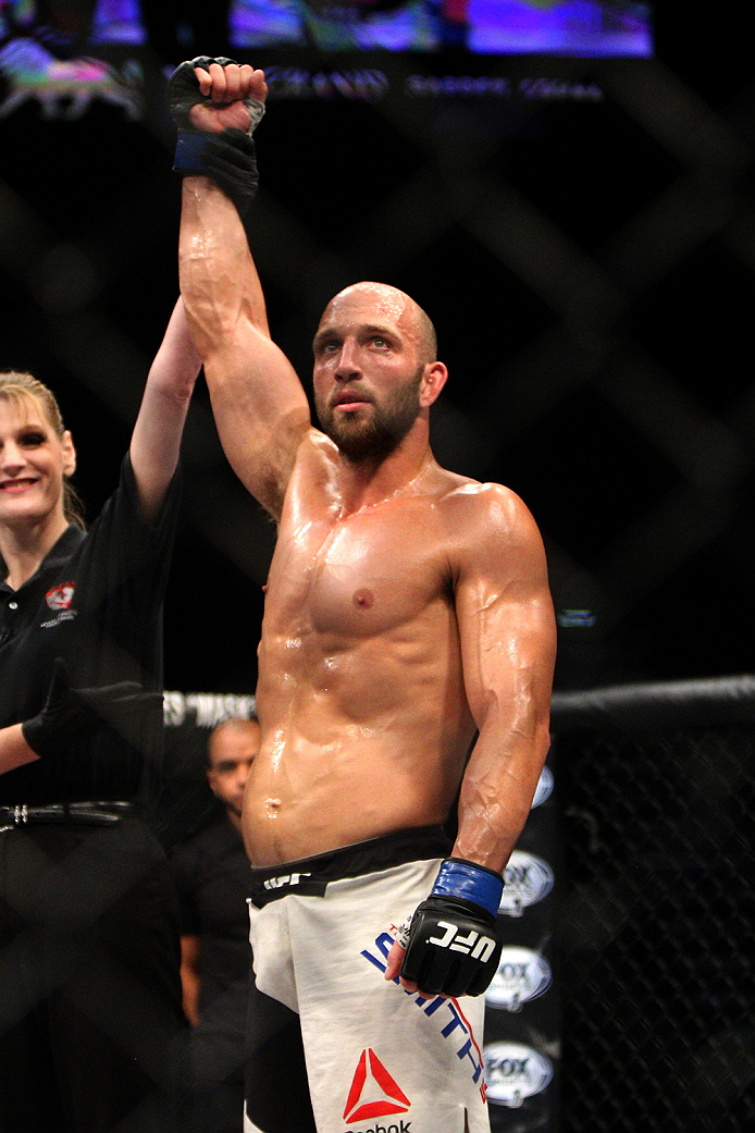 LAS VEGAS, NV - JULY 12: Trevor Smith reacts to his victory over Dan Miller in their middleweight bout during the Ultimate Fighter Finale inside MGM Grand Garden Arena on July 12, 2015 in Las Vegas, Nevada. (Photo by Mitch Viquez/Zuffa LLC/Zuffa LLC via