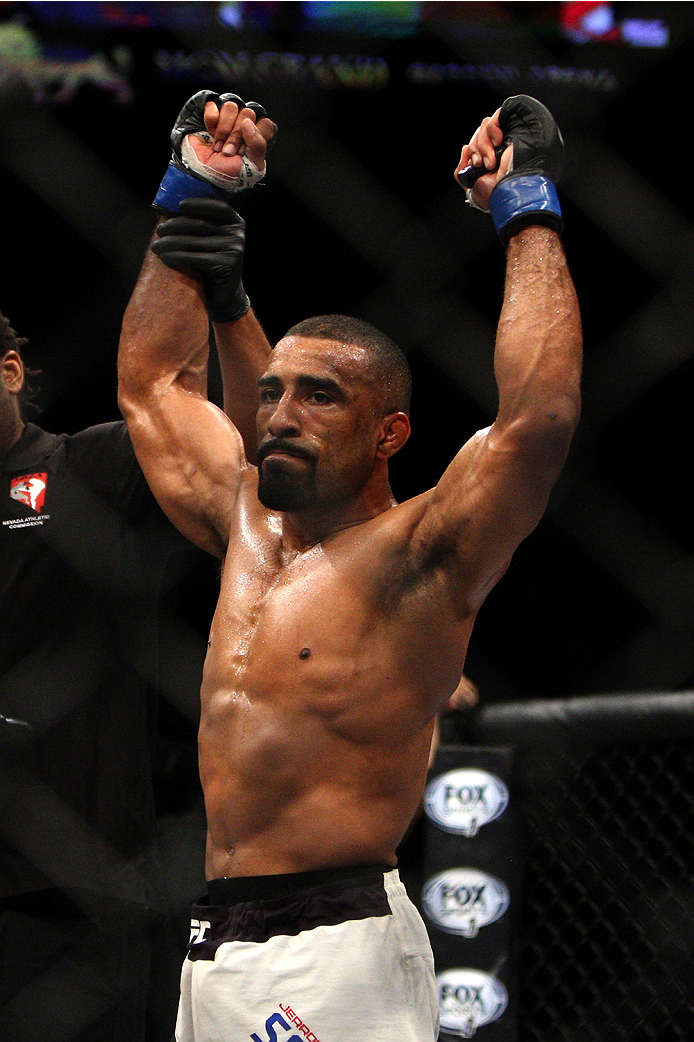 LAS VEGAS, NV - JULY 12: Jerrod Sanders celebrates his win over Russell Doane in their bantamweight bout during the Ultimate Fighter Finale inside MGM Grand Garden Arena on July 12, 2015 in Las Vegas, Nevada. (Photo by Mitch Viquez/Zuffa LLC/Zuffa LLC v