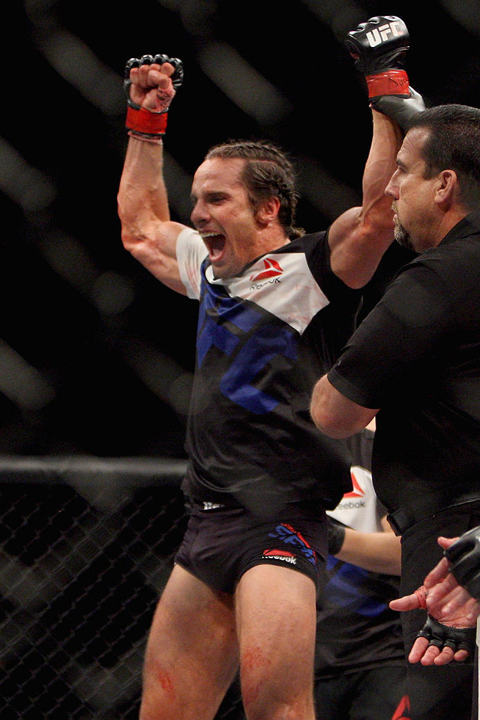 LAS VEGAS, NV - JULY 12: Josh Samman celebrates his win over Caio Magalhaes in their middleweight bout during the Ultimate Fighter Finale inside MGM Grand Garden Arena on July 12, 2015 in Las Vegas, Nevada. (Photo by Mitch Viquez/Zuffa LLC/Zuffa LLC via