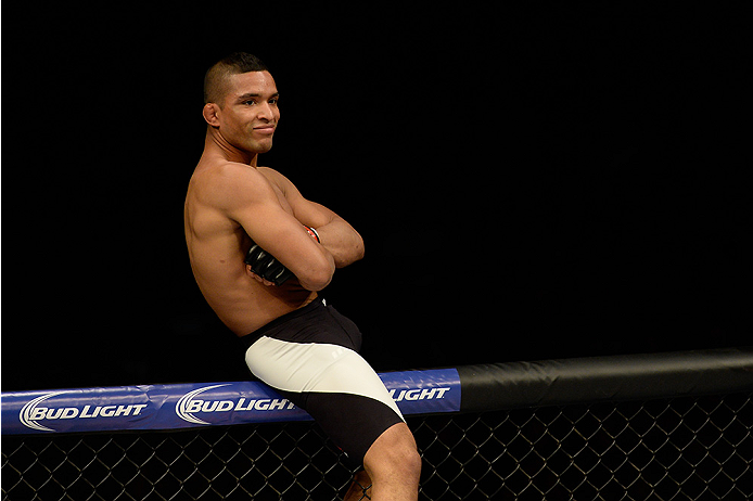 LAS VEGAS, NV - JULY 12: Maximo Blanco reacts to his victory over Mike De La Torre in their featherweight bout during the Ultimate Fighter Finale inside MGM Grand Garden Arena on July 12, 2015 in Las Vegas, Nevada. (Photo by Brandon Magnus/Zuffa LLC/Zuf