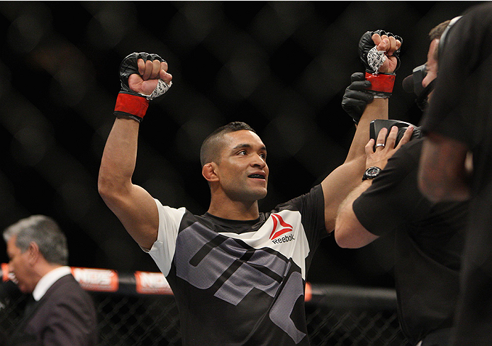 LAS VEGAS, NV - JULY 12: Maximo Blanco celebrates after his win over Mike De La Torre in their featherweight bout during the Ultimate Fighter Finale inside MGM Grand Garden Arena on July 12, 2015 in Las Vegas, Nevada. (Photo by Mitch Viquez/Zuffa LLC/Zu