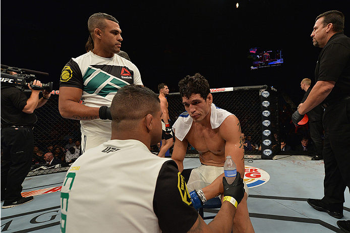 LAS VEGAS, NV - JULY 12: Cezar Ferreira with teammates Vitor Belfort and Gilbert Burns during the Ultimate Fighter Finale inside MGM Grand Garden Arena on July 12, 2015 in Las Vegas, Nevada. (Photo by Brandon Magnus/Zuffa LLC/Zuffa LLC via Getty Images)