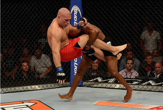 LAS VEGAS, NV - JULY 12: (R-L) Kamaru Usman takes down Hayder Hassan in their welterweight bout during the Ultimate Fighter Finale inside MGM Grand Garden Arena on July 12, 2015 in Las Vegas, Nevada. (Photo by Brandon Magnus/Zuffa LLC/Zuffa LLC via Gett