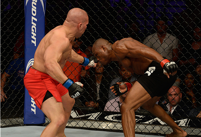 LAS VEGAS, NV - JULY 12: (L-R) Hayder Hassan punches Kamaru Usman in their welterweight bout during the Ultimate Fighter Finale inside MGM Grand Garden Arena on July 12, 2015 in Las Vegas, Nevada. (Photo by Brandon Magnus/Zuffa LLC/Zuffa LLC via Getty I