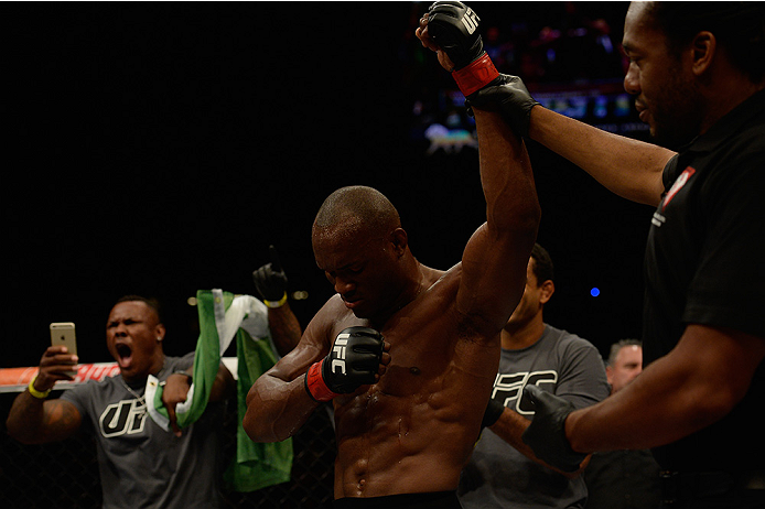 LAS VEGAS, NV - JULY 12: Kamaru Usman reacts to his victory over Hayder Hassan in their welterweight bout during the Ultimate Fighter Finale inside MGM Grand Garden Arena on July 12, 2015 in Las Vegas, Nevada. (Photo by Brandon Magnus/Zuffa LLC/Zuffa LL