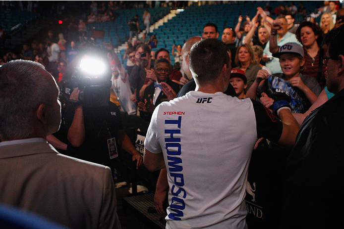 LAS VEGAS, NV - JULY 12: Stephen Thompson celebrates with fans after defeating Jake Ellenberger in their welterweight bout during the Ultimate Fighter Finale inside MGM Grand Garden Arena on July 12, 2015 in Las Vegas, Nevada. (Photo by Mitch Viquez/Zuf