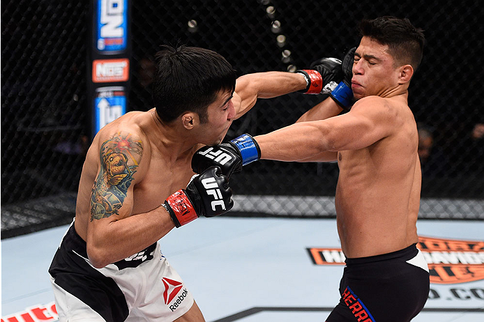 LAS VEGAS, NV - DECEMBER 11: (L-R) Joby Sanchez punches Geane Herrera in their flyweight bout during the TUF Finale event inside The Chelsea at The Cosmopolitan of Las Vegas on December 11, 2015 in Las Vegas, Nevada. (Photo by Jeff Bottari/Zuffa LLC/Zuff