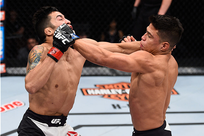 LAS VEGAS, NV - DECEMBER 11: (R-L) Geane Herrera punches Joby Sanchez in their flyweight bout during the TUF Finale event inside The Chelsea at The Cosmopolitan of Las Vegas on December 11, 2015 in Las Vegas, Nevada. (Photo by Jeff Bottari/Zuffa LLC/Zuff