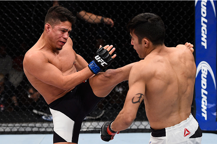 LAS VEGAS, NV - DECEMBER 11: (L-R) Geane Herrera kicks Joby Sanchez in their flyweight bout during the TUF Finale event inside The Chelsea at The Cosmopolitan of Las Vegas on December 11, 2015 in Las Vegas, Nevada. (Photo by Jeff Bottari/Zuffa LLC/Zuffa