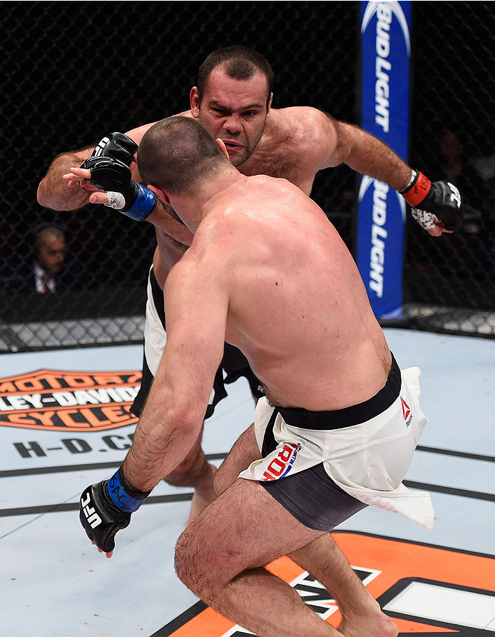 LAS VEGAS, NV - DECEMBER 11: Gabriel Gonzaga (top) punches Konstantin Erokhin in their heavyweight bout during the TUF Finale event inside The Chelsea at The Cosmopolitan of Las Vegas on December 11, 2015 in Las Vegas, Nevada. (Photo by Jeff Bottari/Zuf