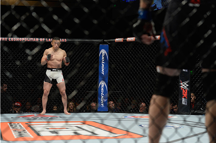 LAS VEGAS, NV - DECEMBER 11: Tatsuya Kawajiri (left) prepares to face Jason Knight in their featherweight bout during the TUF Finale event inside The Chelsea at The Cosmopolitan of Las Vegas on December 11, 2015 in Las Vegas, Nevada. (Photo by Brandon Ma