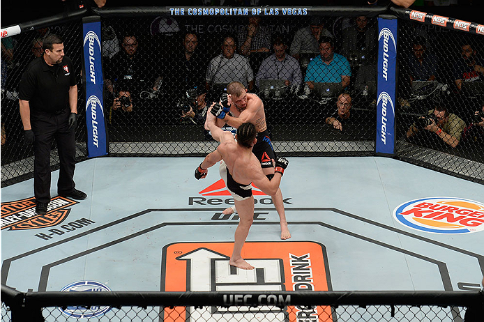 LAS VEGAS, NV - DECEMBER 11: An overhead view of the Octagon as Tatsuya Kawajiri kicks Jason Knight in their featherweight bout during the TUF Finale event inside The Chelsea at The Cosmopolitan of Las Vegas on December 11, 2015 in Las Vegas, Nevada. (Ph