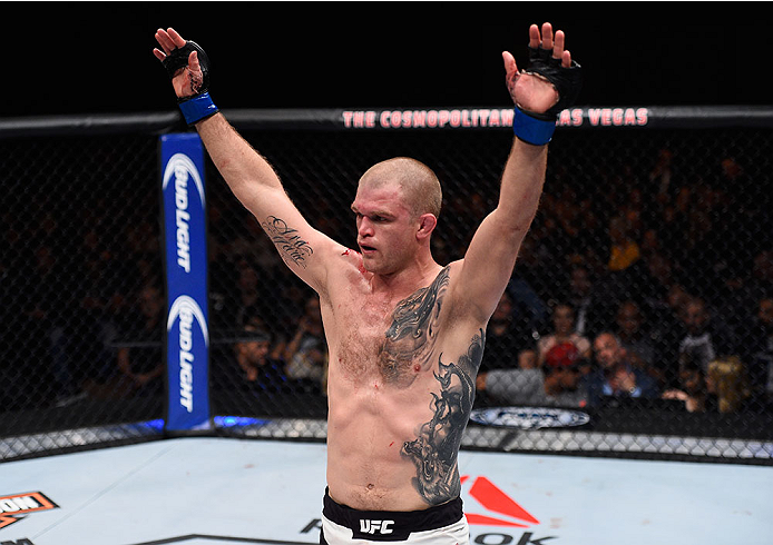 LAS VEGAS, NV - DECEMBER 11: Evan Dunham reacts to his victory over Joe Lauzon in their lightweight bout during the TUF Finale event inside The Chelsea at The Cosmopolitan of Las Vegas on December 11, 2015 in Las Vegas, Nevada. (Photo by Jeff Bottari/Zuf