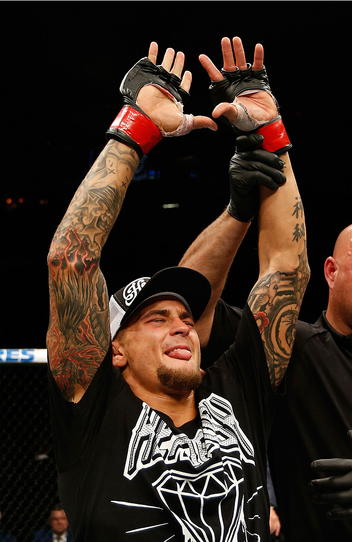 QUEBEC CITY, CANADA - APRIL 16: Dustin Poirier reacts after his TKO victory over Akira Corassani in their featherweight fight during the TUF Nations Finale at Colisee Pepsi on April 16, 2014 in Quebec City, Quebec, Canada. (Photo by Josh Hedges/Zuffa LLC