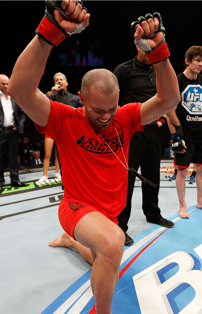 QUEBEC CITY, CANADA - APRIL 16: Chad Laprise reacts after defeating Olivier Aubin-Mercier in their welterweight fight during the TUF Nations Finale at Colisee Pepsi on April 16, 2014 in Quebec City, Quebec, Canada. (Photo by Josh Hedges/Zuffa LLC/Zuffa L