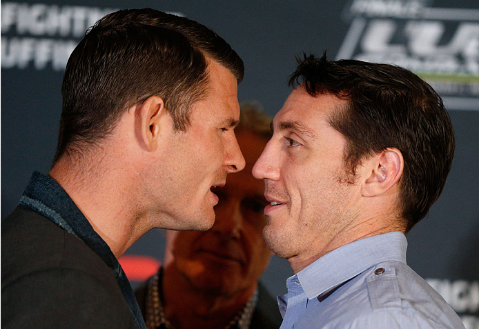 QUEBEC CITY, CANADA - APRIL 14: (L-R) Opponents Michael Bisping and Tim Kennedy face off during the UFC Ultimate Media Day at the TRYP Quebec Hotel on April 14, 2014 in Quebec City, Quebec, Canada. (Photo by Josh Hedges/Zuffa LLC/Zuffa LLC via Getty Imag