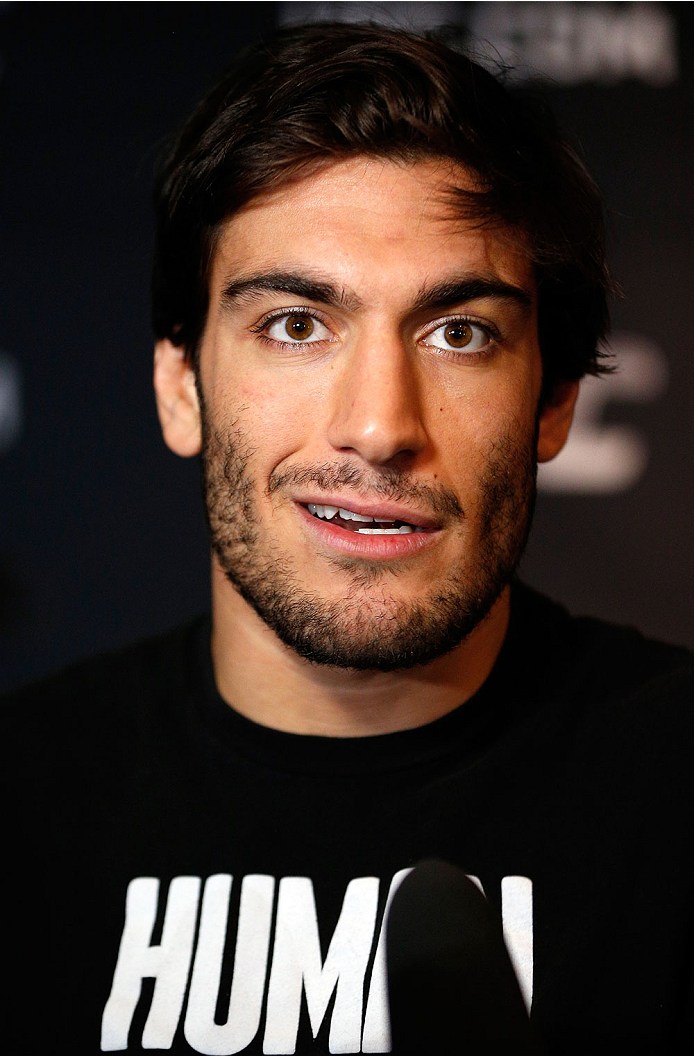 QUEBEC CITY, CANADA - APRIL 14: Elias Theodorou interacts with media during the UFC Ultimate Media Day at the TRYP Quebec Hotel on April 14, 2014 in Quebec City, Quebec, Canada. (Photo by Josh Hedges/Zuffa LLC/Zuffa LLC via Getty Images)