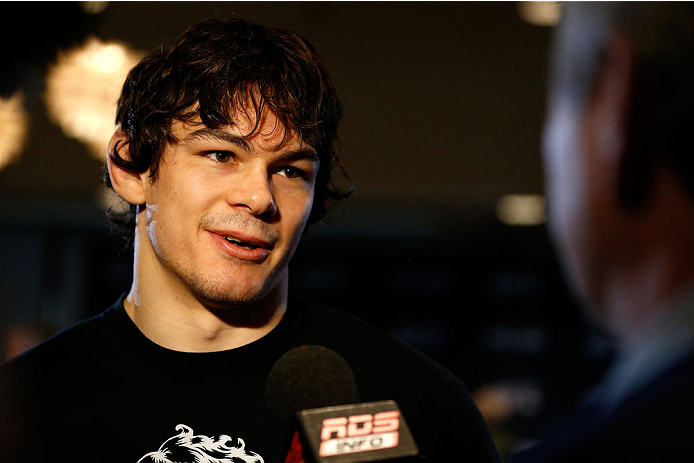 QUEBEC CITY, CANADA - APRIL 14: Olivier Aubin-Mercier interacts with media during the UFC Ultimate Media Day at the TRYP Quebec Hotel on April 14, 2014 in Quebec City, Quebec, Canada. (Photo by Josh Hedges/Zuffa LLC/Zuffa LLC via Getty Images)