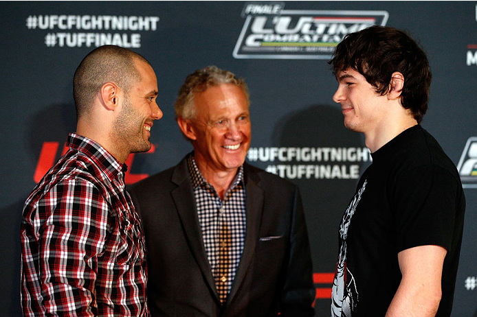 QUEBEC CITY, CANADA - APRIL 14: (L-R) Opponents Chad Laprise and Olivier Aubin-Mercier face off during the UFC Ultimate Media Day at the TRYP Quebec Hotel on April 14, 2014 in Quebec City, Quebec, Canada. (Photo by Josh Hedges/Zuffa LLC/Zuffa LLC via Get