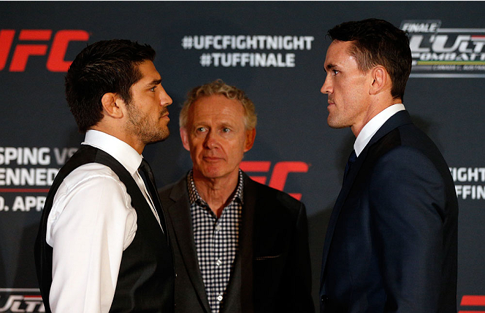 QUEBEC CITY, CANADA - APRIL 14: (L-R) Opponents Patrick Cote and Kyle Noke face off during the UFC Ultimate Media Day at the TRYP Quebec Hotel on April 14, 2014 in Quebec City, Quebec, Canada. (Photo by Josh Hedges/Zuffa LLC/Zuffa LLC via Getty Images)