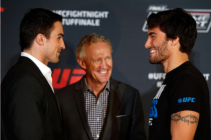 QUEBEC CITY, CANADA - APRIL 14: (L-R) Opponents Sheldon Wescott and Elias Theodorou face off during the UFC Ultimate Media Day at the TRYP Quebec Hotel on April 14, 2014 in Quebec City, Quebec, Canada. (Photo by Josh Hedges/Zuffa LLC/Zuffa LLC via Getty
