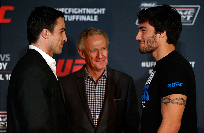 QUEBEC CITY, CANADA - APRIL 14: (L-R) Opponents Sheldon Wescott and Elias Theodorou face off during the UFC Ultimate Media Day at the TRYP Quebec Hotel on April 14, 2014 in Quebec City, Quebec, Canada. (Photo by Josh Hedges/Zuffa LLC/Zuffa LLC via Getty