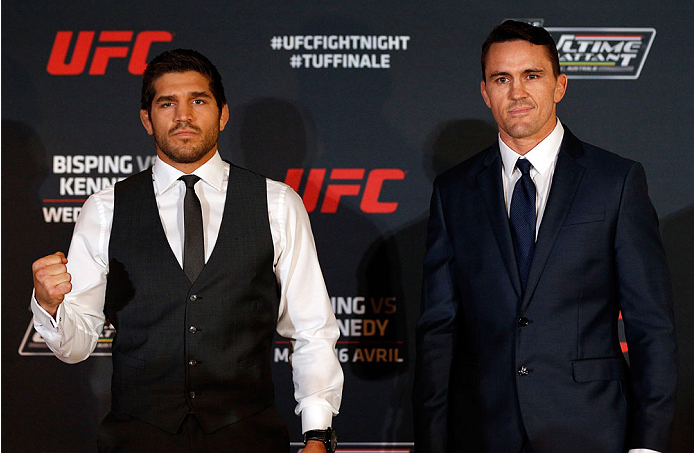 QUEBEC CITY, CANADA - APRIL 14: (L-R) Opponents Patrick Cote and Kyle Noke pose for photos during the UFC Ultimate Media Day at the TRYP Quebec Hotel on April 14, 2014 in Quebec City, Quebec, Canada. (Photo by Josh Hedges/Zuffa LLC/Zuffa LLC via Getty Im