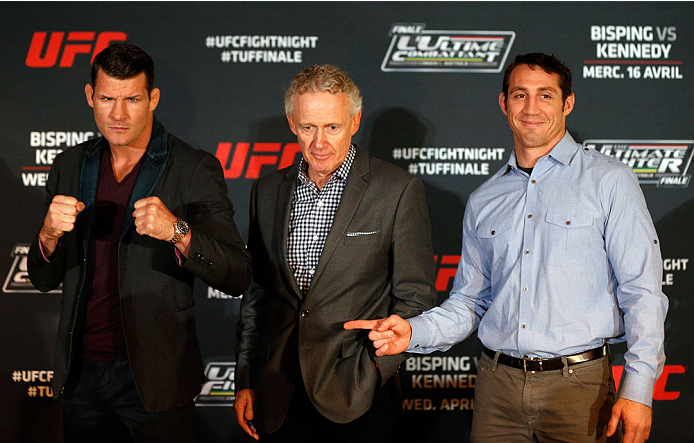 QUEBEC CITY, CANADA - APRIL 14: (L-R) Opponents Michael Bisping and Tim Kennedy pose for photos during the UFC Ultimate Media Day at the TRYP Quebec Hotel on April 14, 2014 in Quebec City, Quebec, Canada. (Photo by Josh Hedges/Zuffa LLC/Zuffa LLC via Get