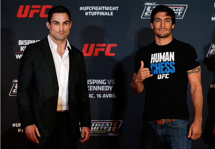 QUEBEC CITY, CANADA - APRIL 14: (L-R) Opponents Sheldon Wescott and Elias Theodorou pose for photos during the UFC Ultimate Media Day at the TRYP Quebec Hotel on April 14, 2014 in Quebec City, Quebec, Canada. (Photo by Josh Hedges/Zuffa LLC/Zuffa LLC via