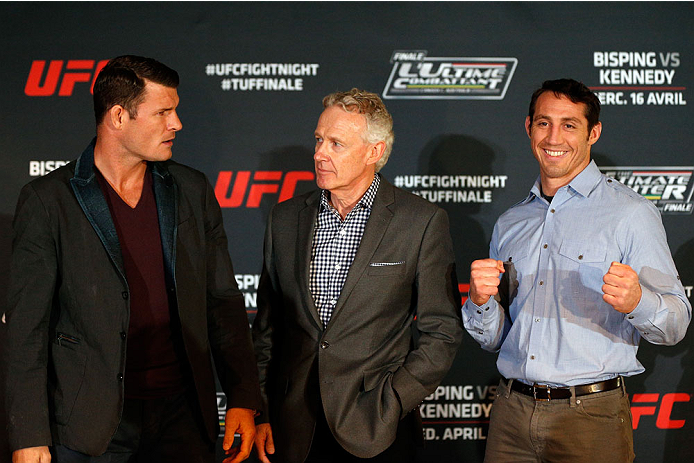 QUEBEC CITY, CANADA - APRIL 14: (L-R) Opponents Michael Bisping and Tim Kennedy pose for photos during the UFC Ultimate Media Day at the TRYP Quebec Hotel on April 14, 2014 in Quebec City, Quebec, Canada. (Photo by Josh Hedges/Zuffa LLC/Zuffa LLC via Get