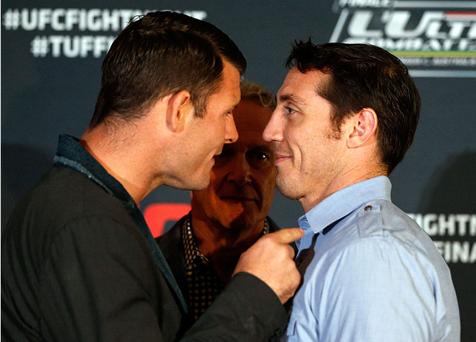 QUEBEC CITY, CANADA - APRIL 14: (L-R) Opponents Michael Bisping and Tim Kennedy face off during the UFC Ultimate Media Day at the TRYP Quebec Hotel on April 14, 2014 in Quebec City, Quebec, Canada. (Photo by Josh Hedges/Zuffa LLC/Zuffa LLC via Getty Imag