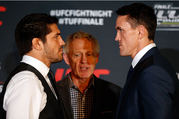 QUEBEC CITY, CANADA - APRIL 14: (L-R) Opponents Patrick Cote and Kyle Noke face off during the UFC Ultimate Media Day at the TRYP Quebec Hotel on April 14, 2014 in Quebec City, Quebec, Canada. (Photo by Josh Hedges/Zuffa LLC/Zuffa LLC via Getty Images)