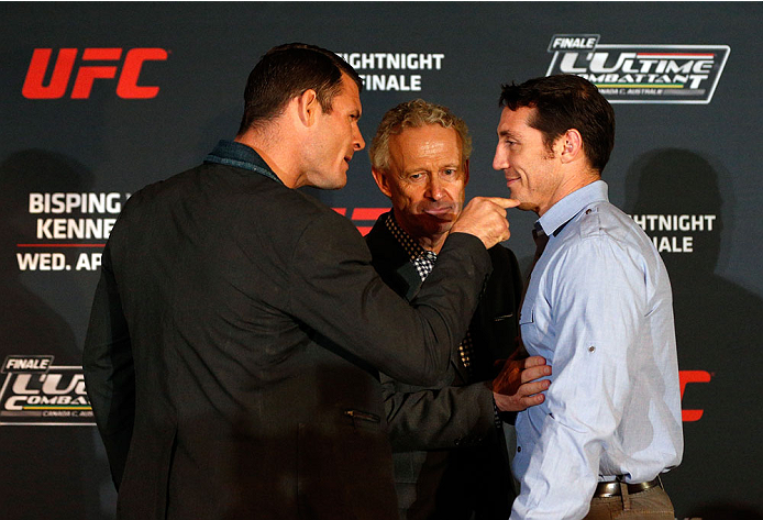 QUEBEC CITY, CANADA - APRIL 14: (L-R) Opponents Michael Bisping and Tim Kennedy face off during the UFC Ultimate Media Day at the TRYP Quebec Hotel on April 14, 2014 in Quebec City, Quebec, Canada. (Photo by Josh Hedges/Zuffa LLC/Zuffa LLC via Getty Imag