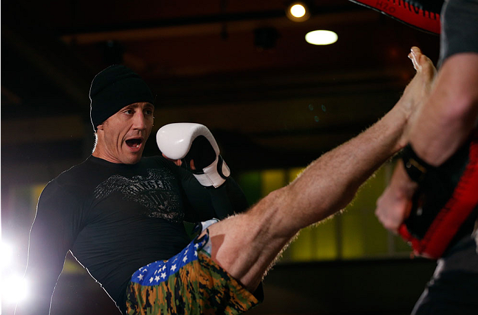 QUEBEC CITY, CANADA - APRIL 13: Tim Kennedy holds an open training session for fans and media at the Centre Commercial Place Fleur de Lys on April 13, 2014 in Quebec City, Quebec, Canada. (Photo by Josh Hedges/Zuffa LLC/Zuffa LLC via Getty Images)